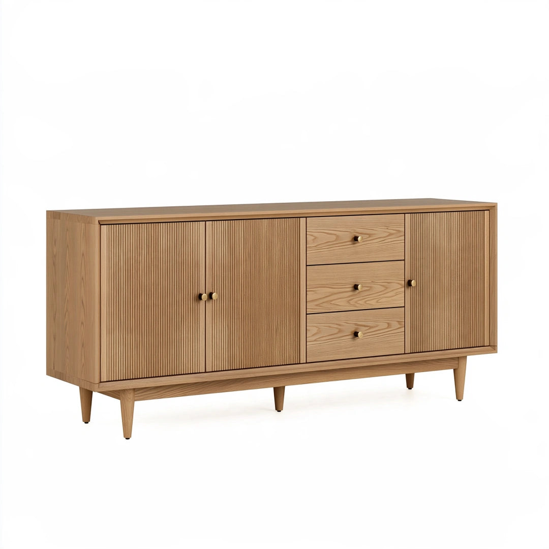 Credenza 180 x 45 x 85 cm in legno rovere naturale con ante e cassetti stile moderno