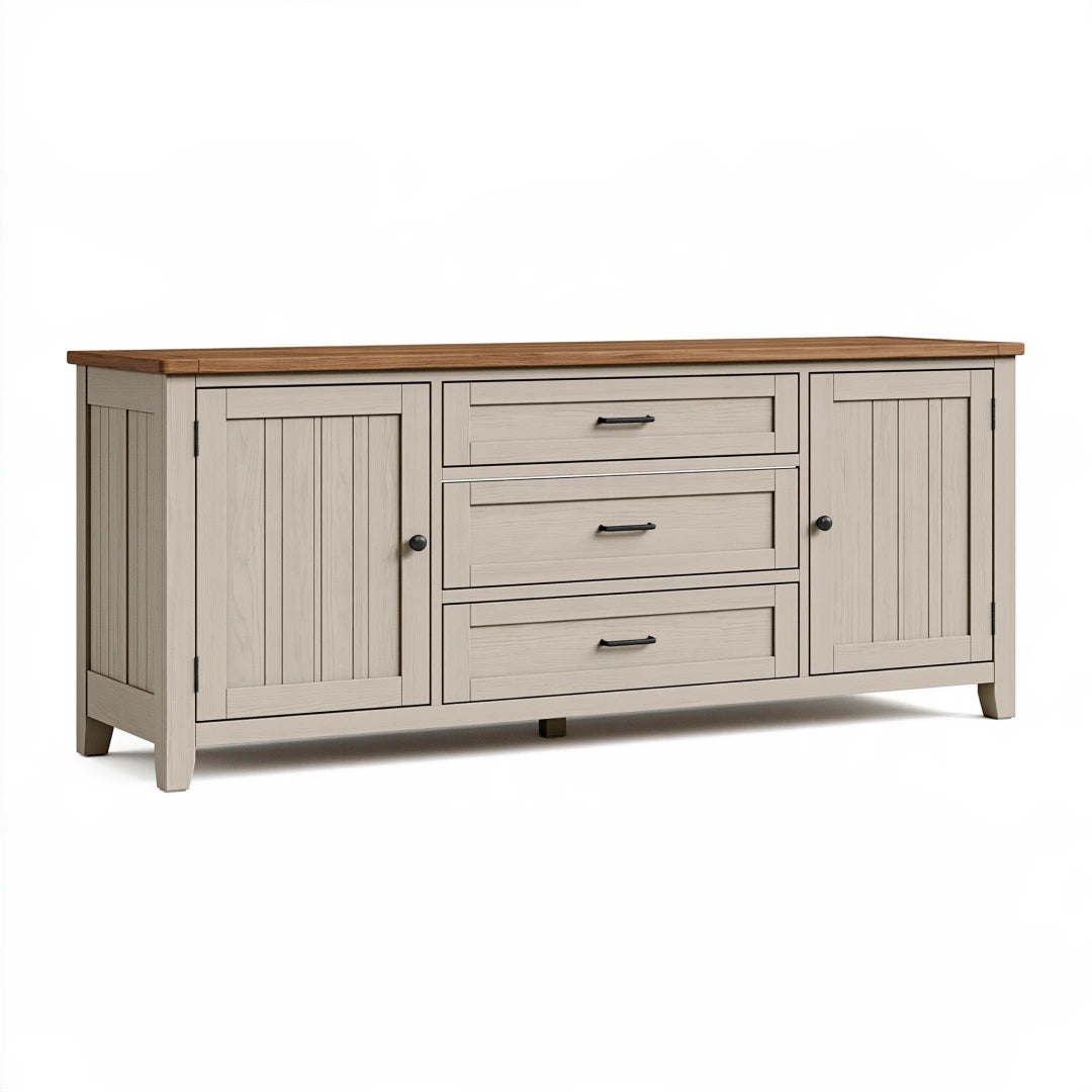 Credenza 180 x 45 x 85 cm in legno beige e marrone - mobile contenitore rustico con 3 cassetti e 2 ante