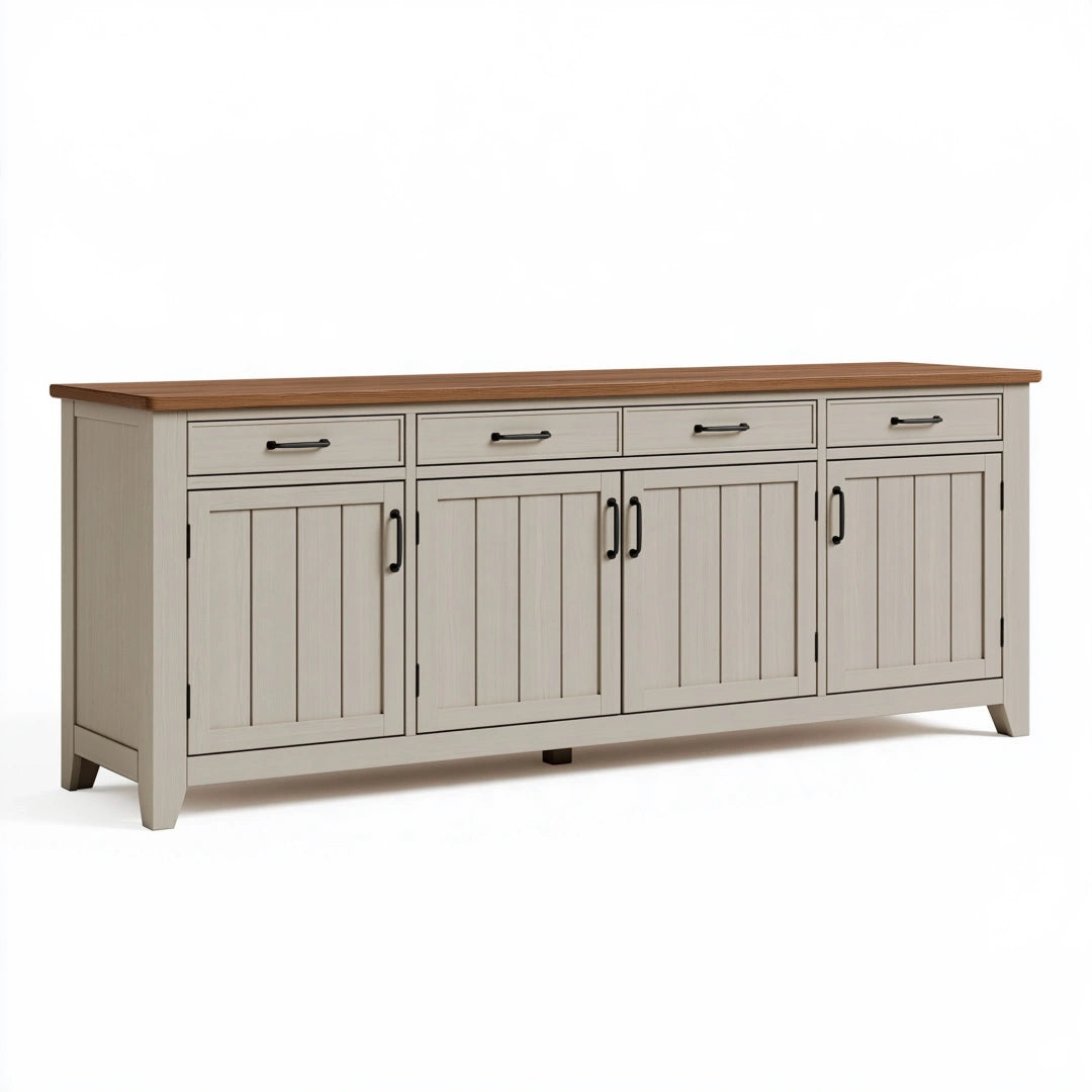 Credenza 180 x 45 x 85 cm in legno beige e marrone con 4 ante e 4 cassetti stile rustico