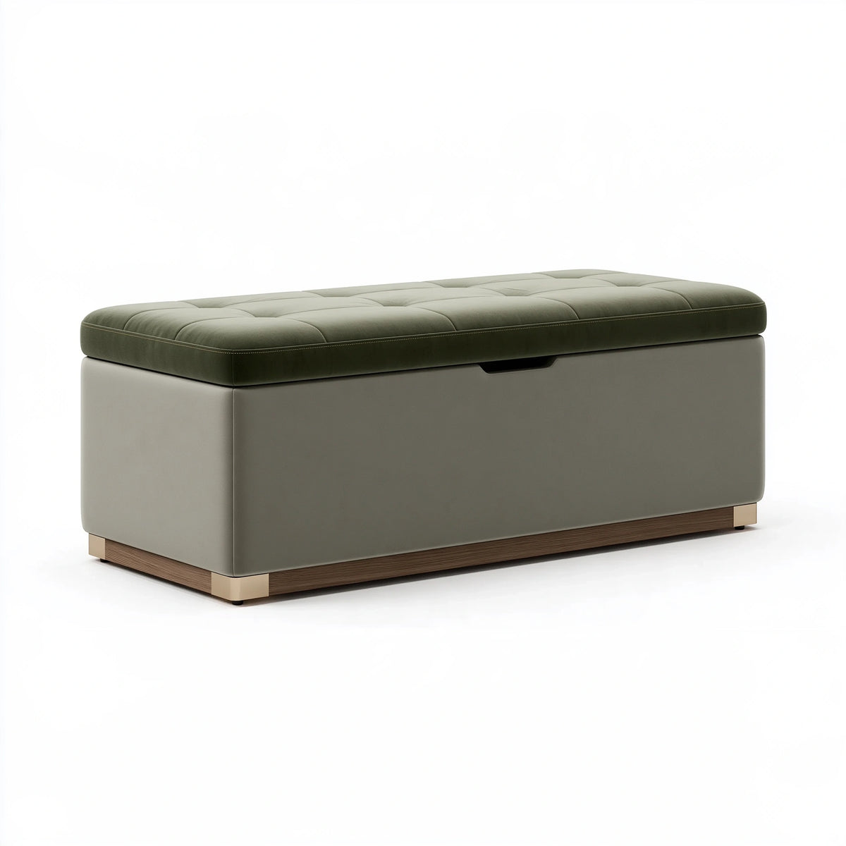Panca contenitore 160 x 50 x 48 cm in tessuto verde oliva con base effetto legno stile moderno