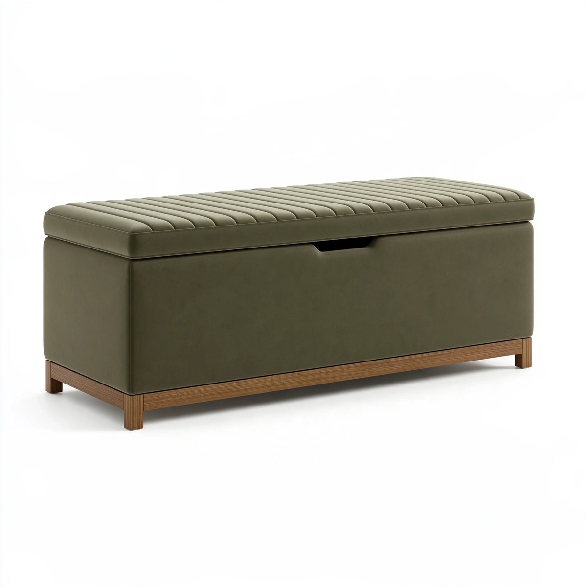 Panca contenitore 120 x 45 x 48 cm in tessuto verde oliva con base in legno stile moderno