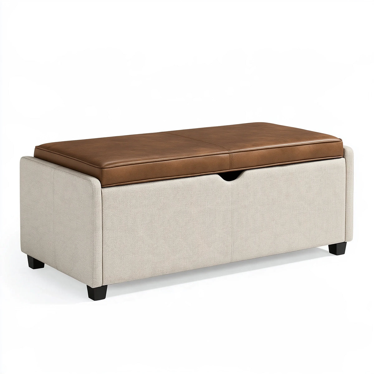 Panca contenitore 100 x 45 x 45 cm in tessuto beige e similpelle marrone - seduta imbottita con vano portaoggetti