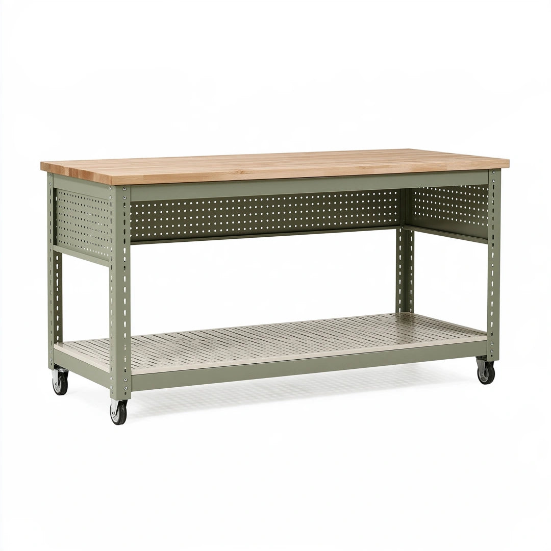 Banco da lavoro mobile 120 x 60 x 90 cm in acciaio verde oliva e legno naturale stile industriale