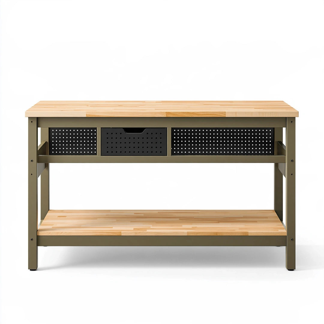Banco da lavoro 120 x 60 x 90 cm in legno e metallo verde oliva con cassetti stile industriale