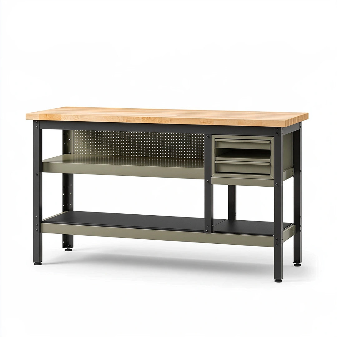 Banco da lavoro 150 x 60 x 90 cm in legno e acciaio nero con cassetti stile industriale