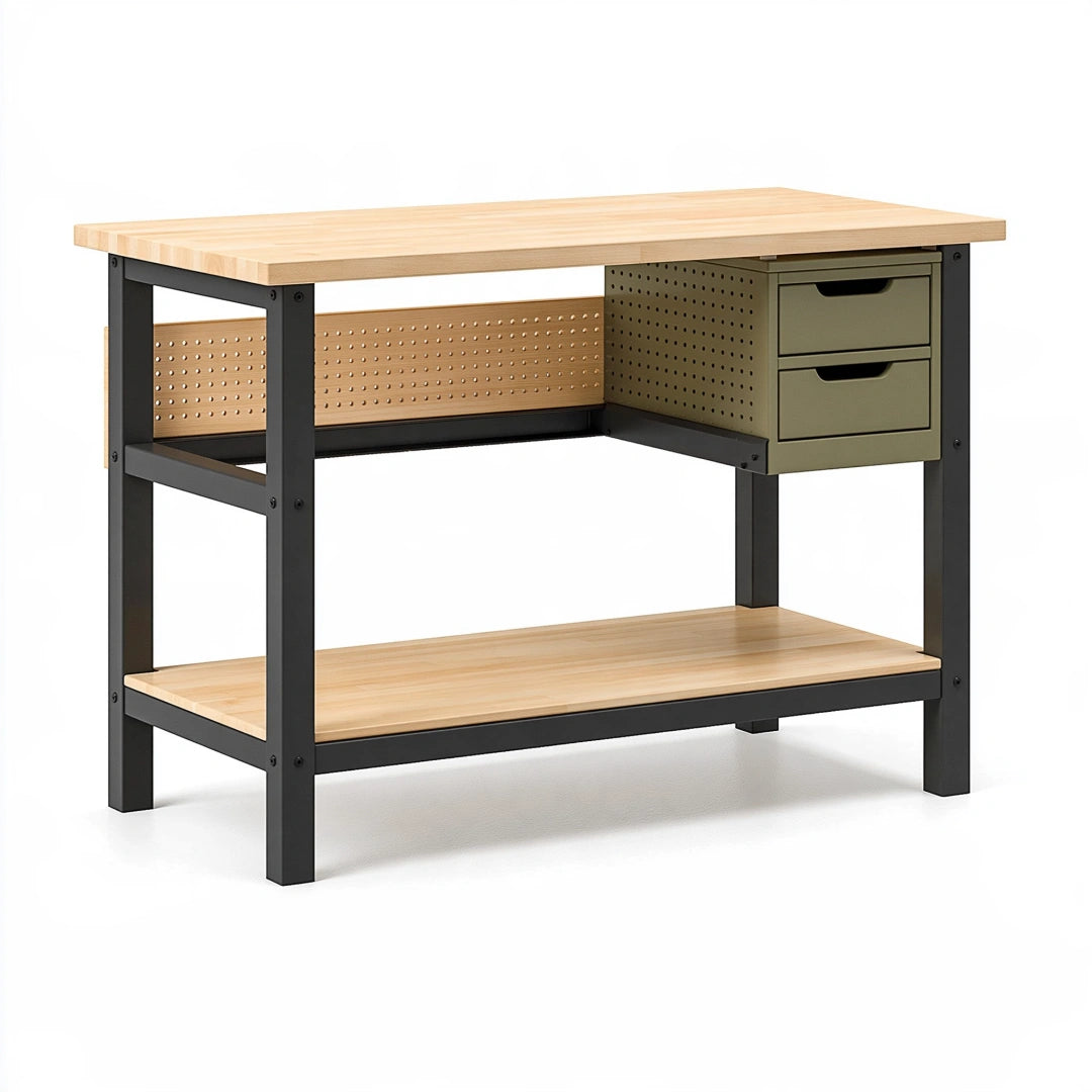 Banco da lavoro 120 x 60 x 90 cm in legno e acciaio nero naturale con 2 cassetti e ripiano