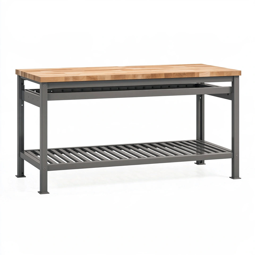 Banco da lavoro 152 x 76 x 91 cm in legno massello e acciaio grigio scuro con ripiano inferiore
