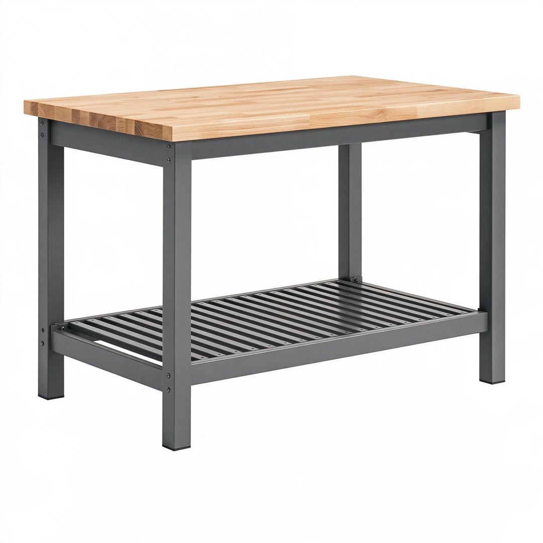Banco da lavoro 120 x 60 x 90 cm in legno e acciaio nero con ripiano inferiore