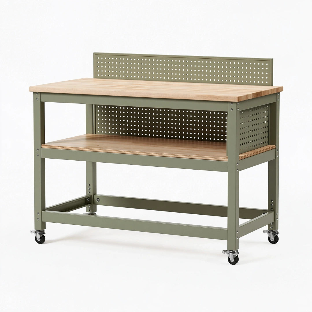 Banco da lavoro mobile 120 x 60 x 100 cm in acciaio verde e legno con ruote