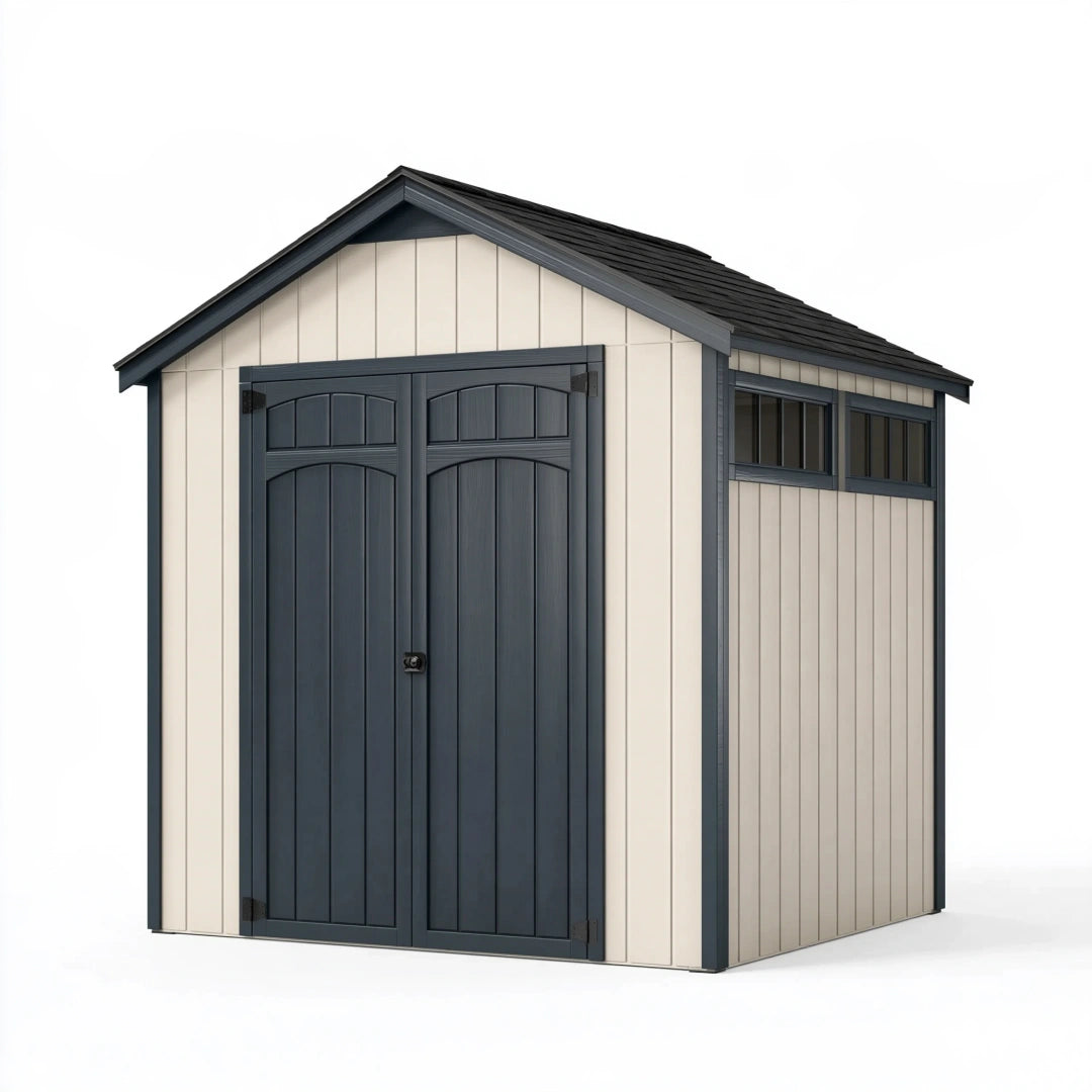 Casetta da giardino 180 x 120 x 190 cm in resina beige e antracite con doppia porta e finestre