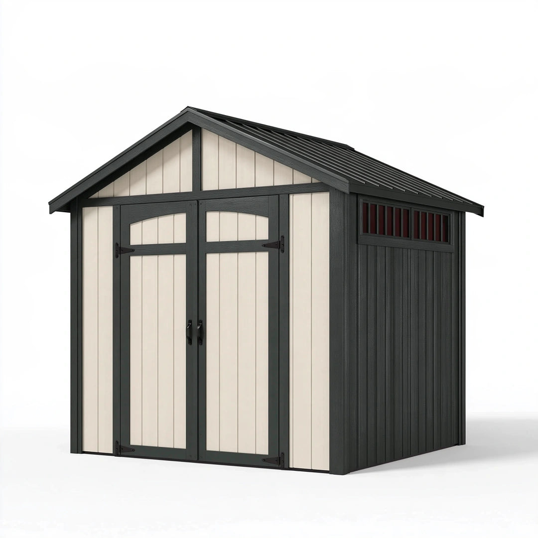 Casetta da giardino 240 x 180 x 220 cm in resina beige e antracite con doppia porta