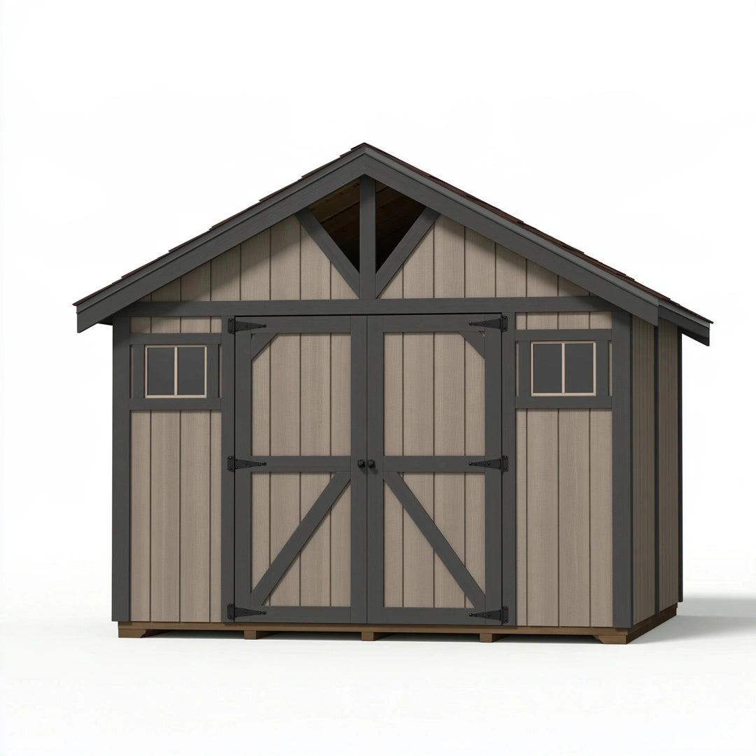 Casetta da giardino 240 x 180 x 220 cm in legno grigio tortora con doppia porta per esterno stile rustico