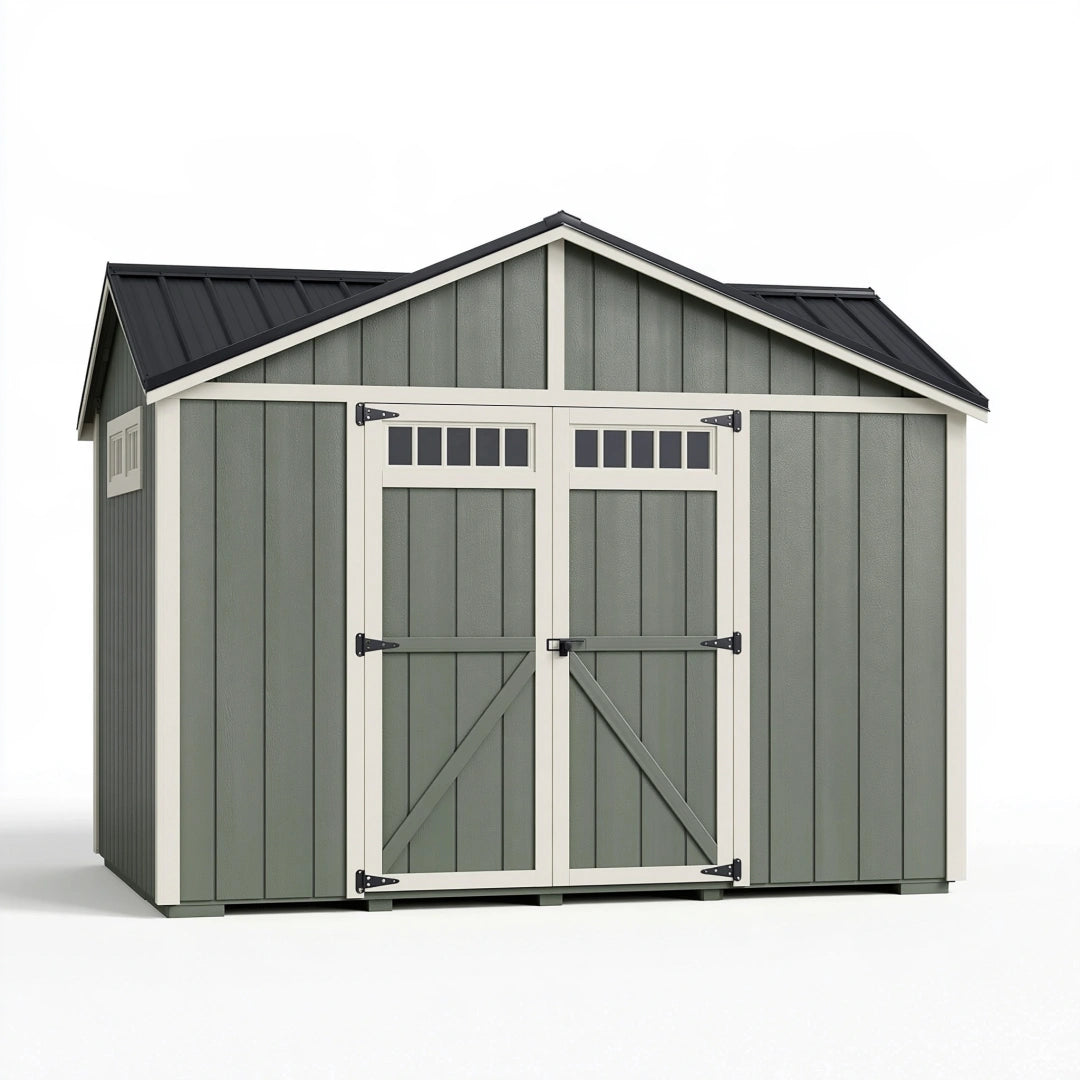 Casetta da giardino 330 x 250 x 240 cm in resina grigio verde con doppia porta per esterno