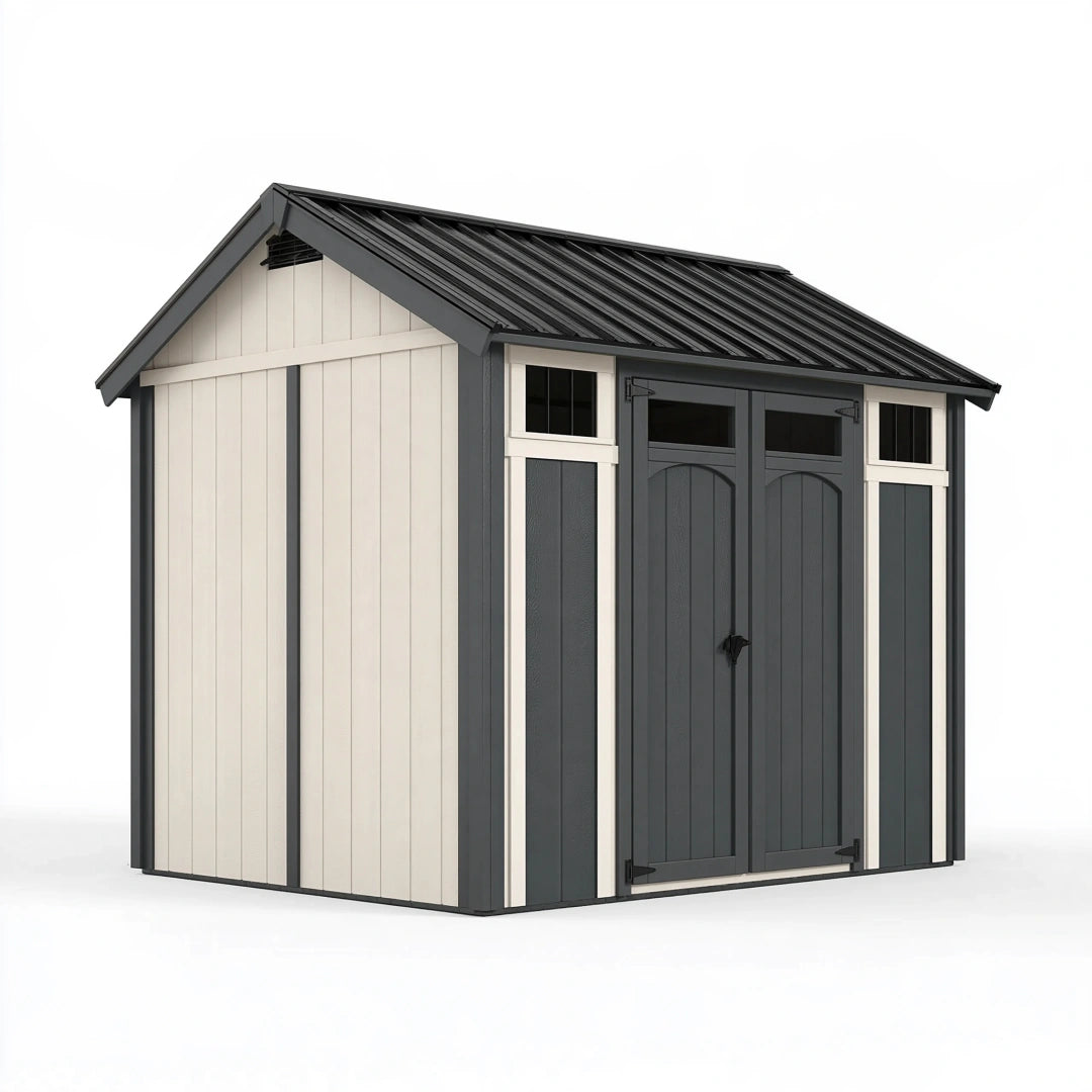 Casetta da giardino 240 x 180 x 210 cm in acciaio grigio antracite e beige - deposito esterno con doppia porta e tetto a falde