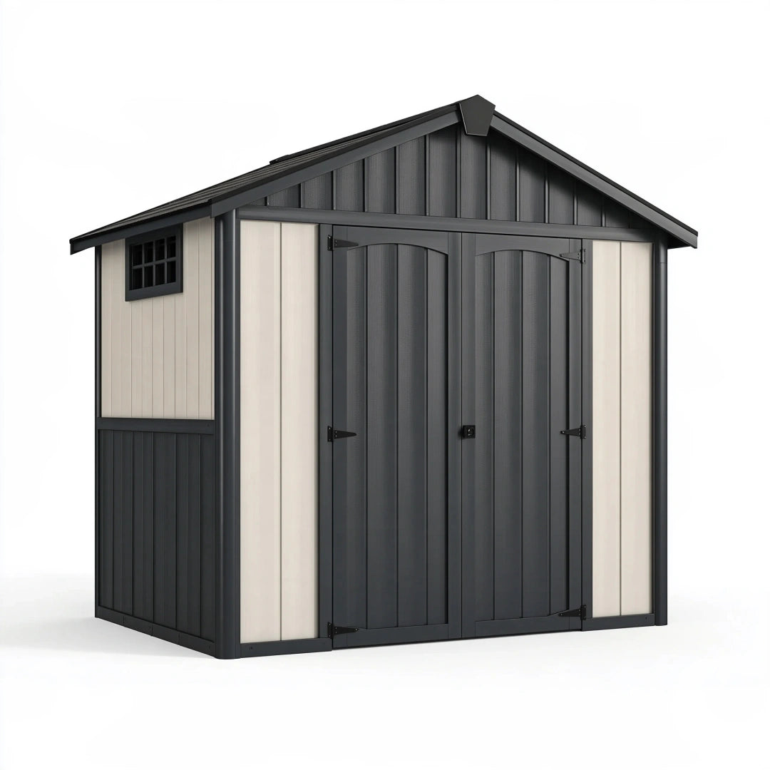 Casetta da giardino 191 x 111 x 198 cm in resina grigio antracite e bianco con doppia porta